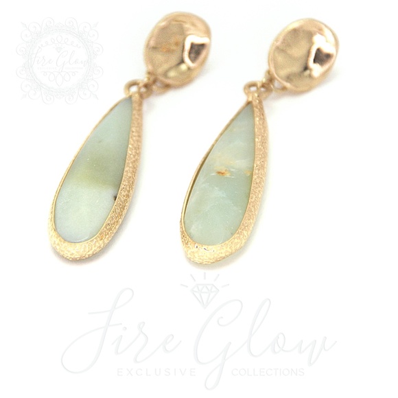 Teardrop Amazonite Crystal Earrings Hammered Metal - Picture 3 of 8